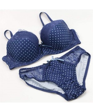 Bras Women Bra and Panty Set Satin Bowknot Lace Polka Dot Underwire Bras Lingerie Set - Royal Blue - CF18QKU7CDA