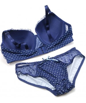 Bras Women Bra and Panty Set Satin Bowknot Lace Polka Dot Underwire Bras Lingerie Set - Royal Blue - CF18QKU7CDA