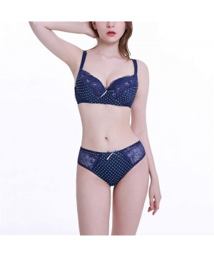 Bras Women Bra and Panty Set Satin Bowknot Lace Polka Dot Underwire Bras Lingerie Set - Royal Blue - CF18QKU7CDA