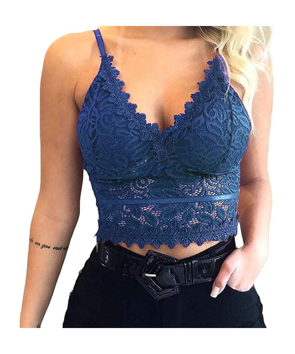 Camisoles & Tanks Women Plus Size Lace Vest Crop Wireless Bra Lingerie Sexy Underwear Camisole Bras - Blue - C61949WXLR9