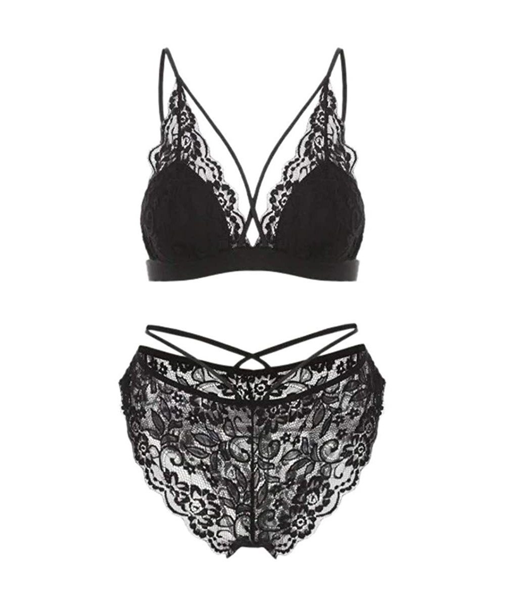 Bras Women Push Up Lace Bra and Panty Set Underwire Lightly Lined Sexy Lingerie Set - Black - CQ1997ETKAE