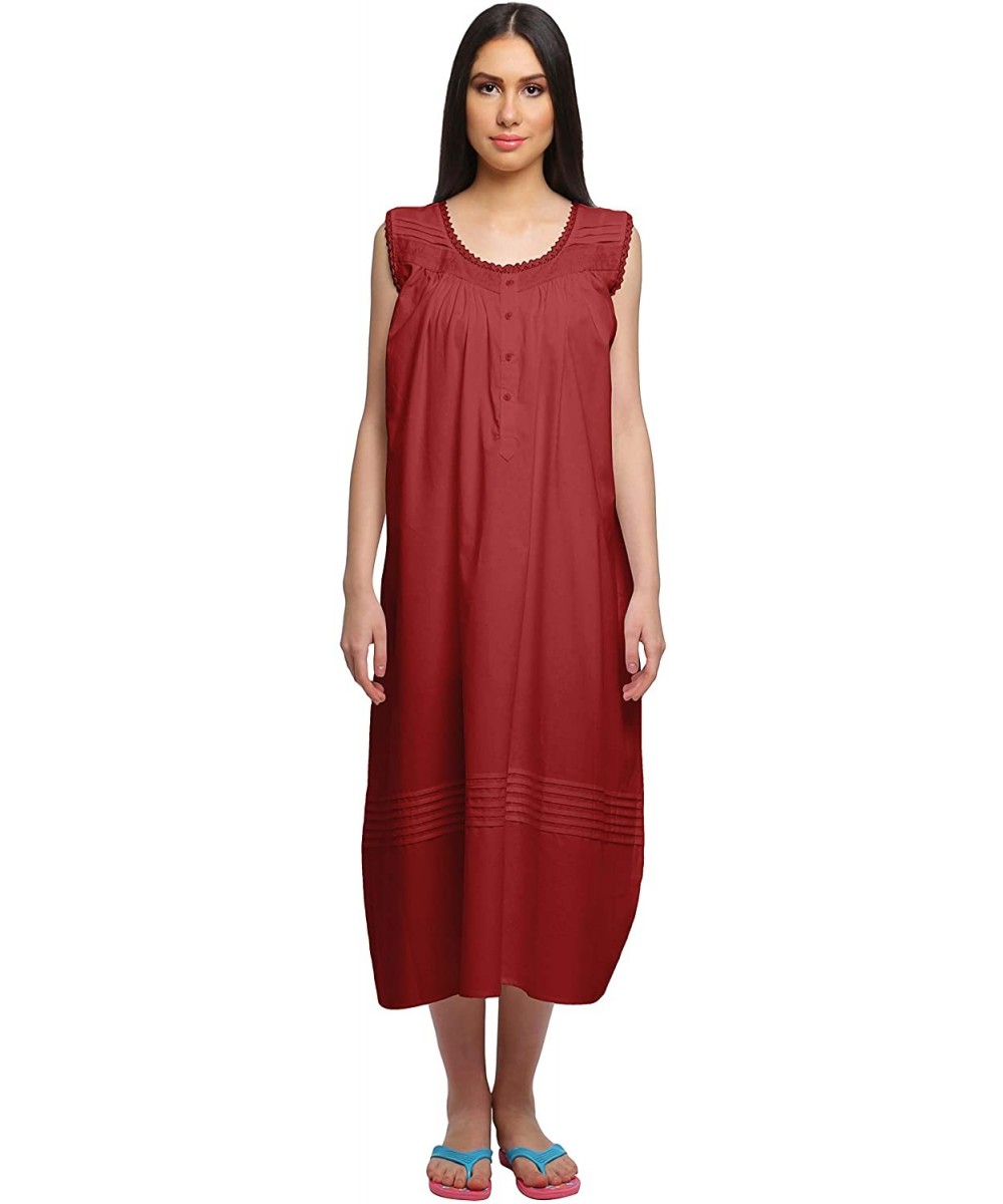 Nightgowns & Sleepshirts Solid Womens Button Placket Knee Long Nightdress Cotton Night Gown - Maroon - CV18Z8Z6GHO