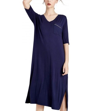 Nightgowns & Sleepshirts Women's Soft Nightgown V Neck Loungewear Solid Pajama Long Sleep Dress - Blue - CS199G47O23