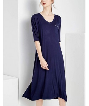 Nightgowns & Sleepshirts Women's Soft Nightgown V Neck Loungewear Solid Pajama Long Sleep Dress - Blue - CS199G47O23