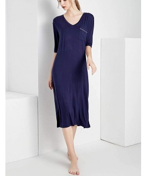 Nightgowns & Sleepshirts Women's Soft Nightgown V Neck Loungewear Solid Pajama Long Sleep Dress - Blue - CS199G47O23