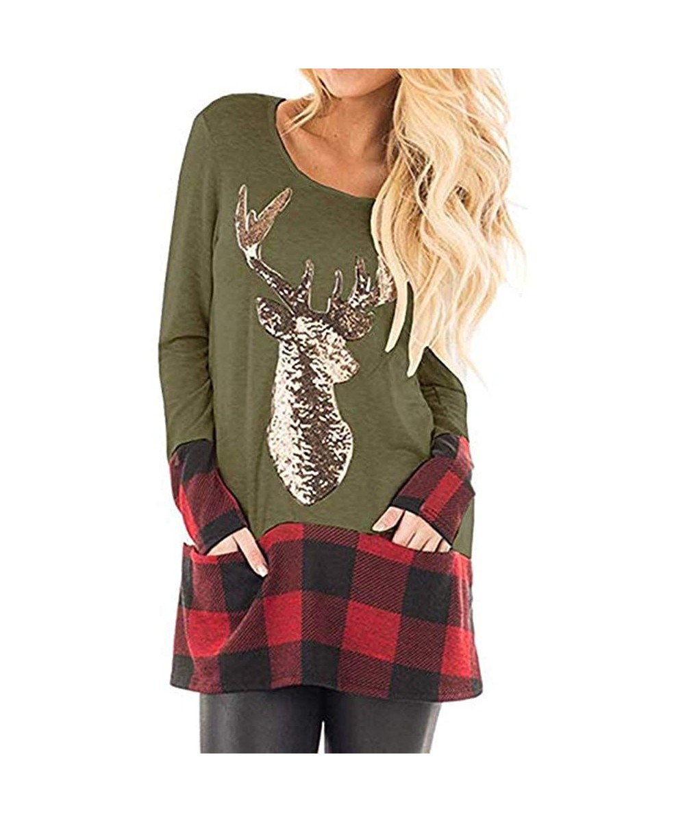 Tops Womens Christmas Tops Plaid Splice Hem Reindeer Long Sleeve Cute Tunic Blouse - Green - CK18L3XWL82