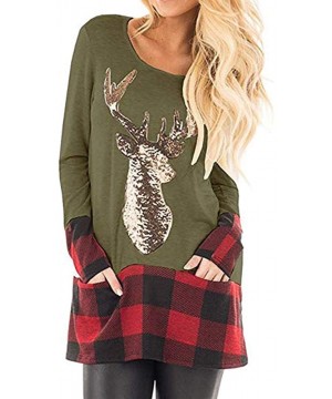 Tops Womens Christmas Tops Plaid Splice Hem Reindeer Long Sleeve Cute Tunic Blouse - Green - CK18L3XWL82