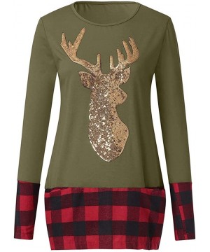 Tops Womens Christmas Tops Plaid Splice Hem Reindeer Long Sleeve Cute Tunic Blouse - Green - CK18L3XWL82