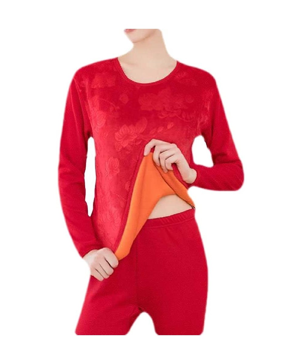 Thermal Underwear Womens Long John Set Warm Fleece 2 Piece Long Sleeve Thermal Underwear - Red1 - CV18A2DQGEK