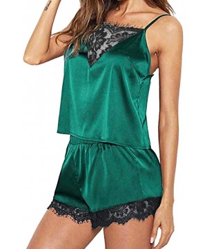 Bottoms Women Sleepwear Sleeveless Strap Nightwear Lace Trim Satin Cami Top Pajama Sets - C-green - CY18UD7QH8I