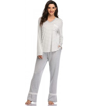 Sets Pajamas for Women- Long Sleeve V Neck Sleepwear Lightweight Striped Lounge wear - Grey - CR18Y7NLE25