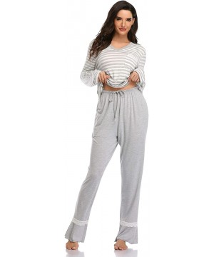 Sets Pajamas for Women- Long Sleeve V Neck Sleepwear Lightweight Striped Lounge wear - Grey - CR18Y7NLE25