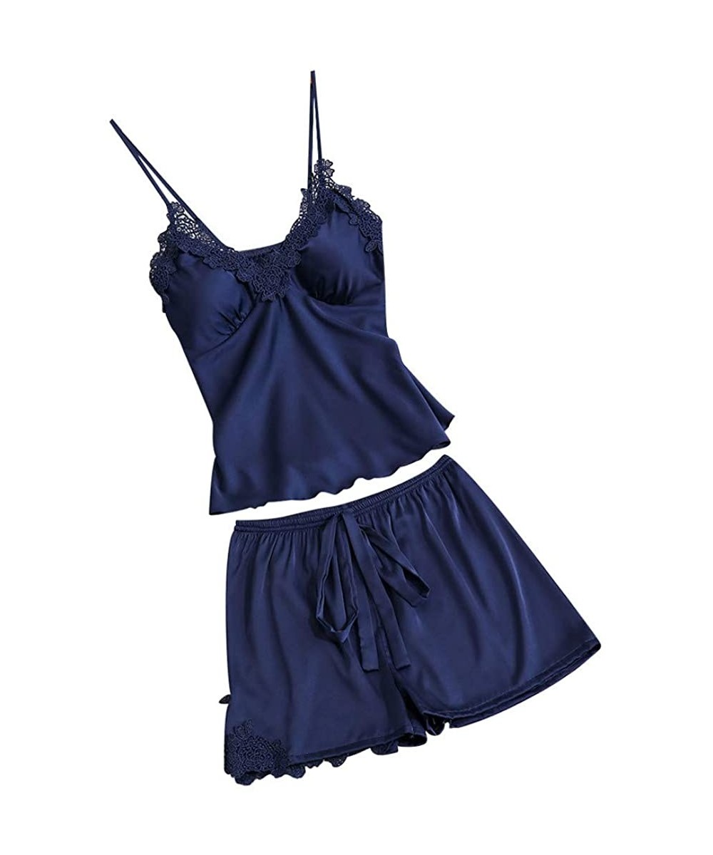 Sets Womens Lingeries Sexy Satin Sling Sleepwear Lace Bowknot Nightdress Underwear Set Thin Camisoles - Navy - C218S6YKHX0