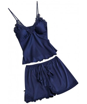 Sets Womens Lingeries Sexy Satin Sling Sleepwear Lace Bowknot Nightdress Underwear Set Thin Camisoles - Navy - C218S6YKHX0