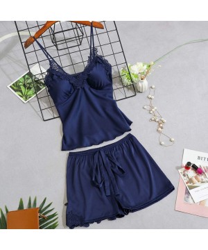 Sets Womens Lingeries Sexy Satin Sling Sleepwear Lace Bowknot Nightdress Underwear Set Thin Camisoles - Navy - C218S6YKHX0