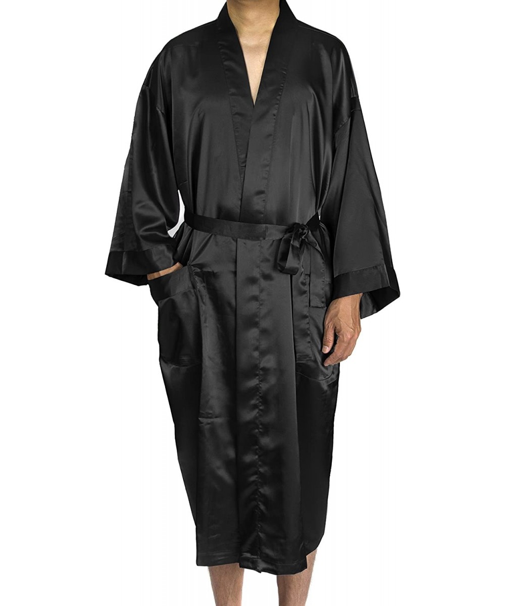 Robes Men Satin Robe Long Kimono Robe 48" - Black - C311O0N86AZ