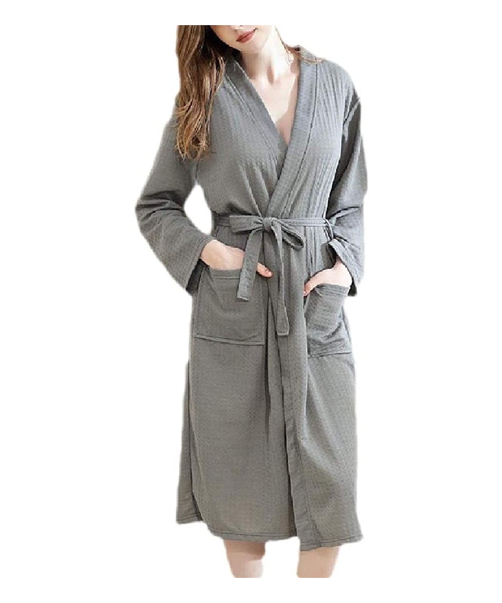 Robes Women's 3/4 Sleeve Cotton Kimono Fashion Waffle-Weave-Spa Lightweight Robes - Grey - C119DIG7RZZ