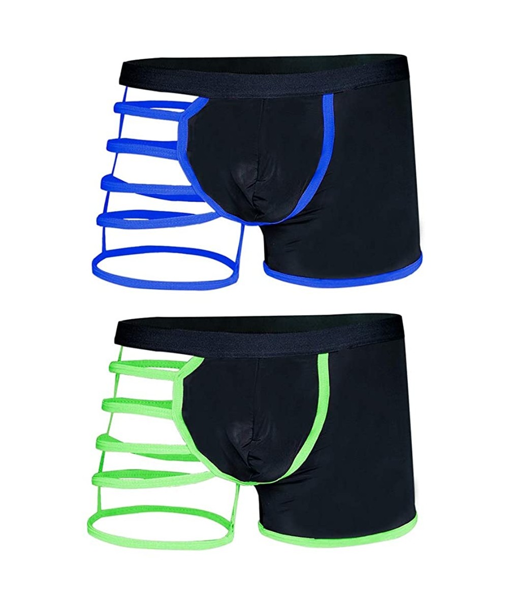 Boxer Briefs Men's Sexy Lingerie Bandage Hollowed Mesh Boxer Briefs Underwear Shorts - Blue+green - CX182ED9U0G