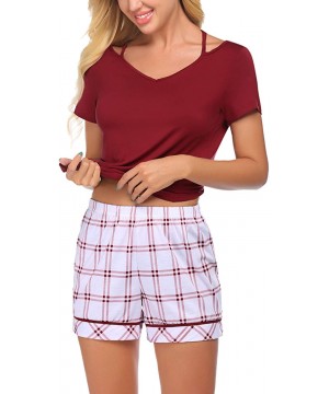 Sets Women Cotton Pajama Set Short Sleeve Sleepwear Soft Pj Lounge Sets Plaid Shorts Nightwear - Wine Red - CB196OYE39M