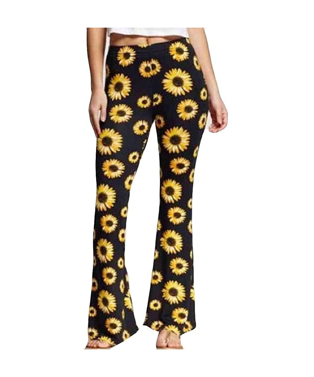 Bottoms Women Sunflower Print Flare Pants Loose Wide Leg Pants Fashion Comfy Pajama Lounge Pants - Black - C519CAUORN3