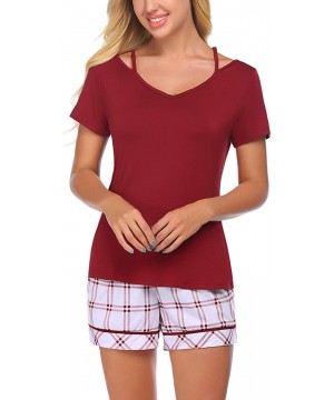 Sets Women Cotton Pajama Set Short Sleeve Sleepwear Soft Pj Lounge Sets Plaid Shorts Nightwear - Wine Red - CB196OYE39M