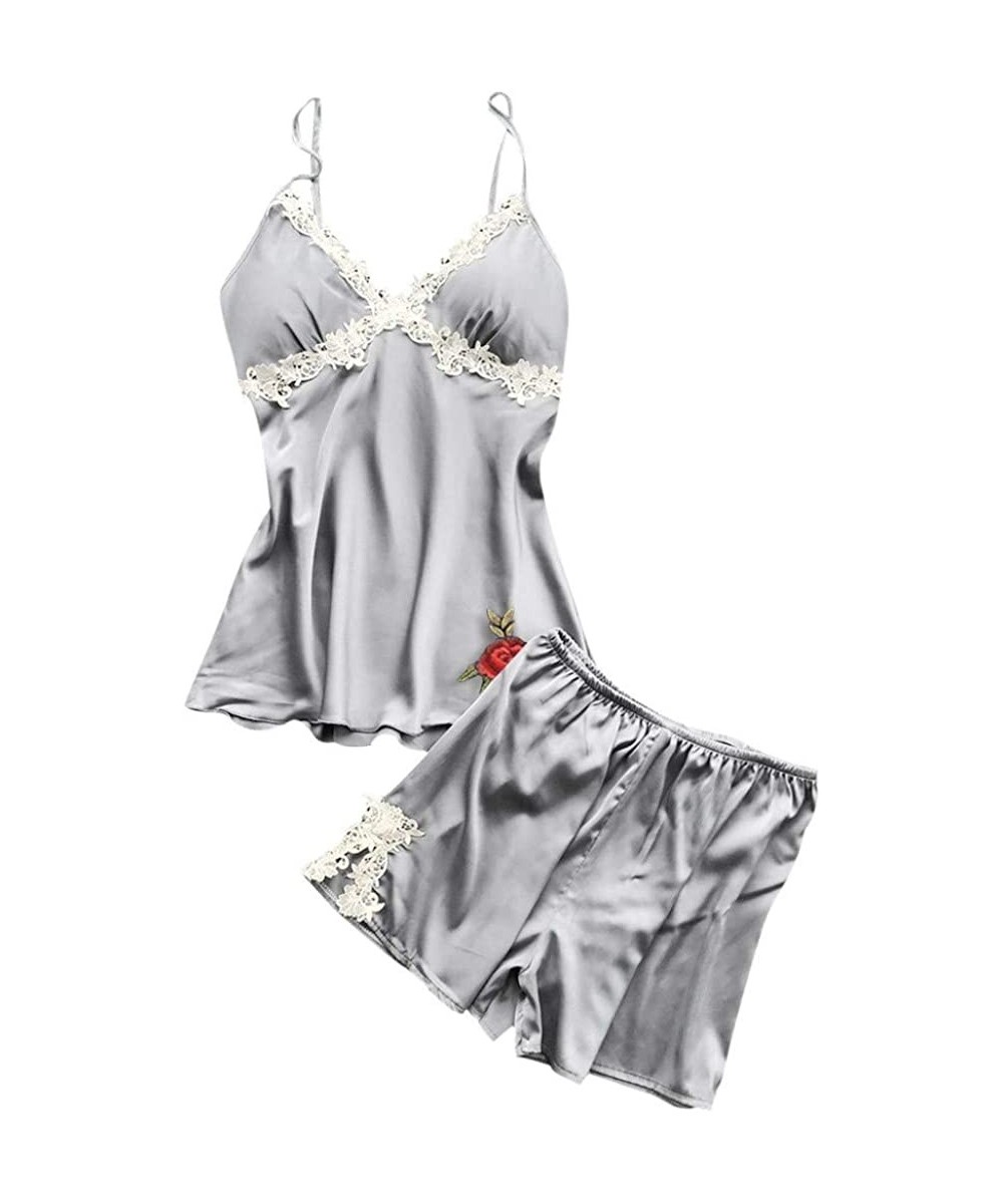 Sets Sexy Lingerie Nightie for Women Rose Lace Patchwork Camisole Shorts Sleepwear Homewear - Gray - C3197U2EEEK