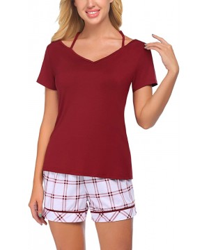 Sets Women Cotton Pajama Set Short Sleeve Sleepwear Soft Pj Lounge Sets Plaid Shorts Nightwear - Wine Red - CB196OYE39M