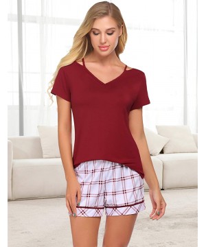 Sets Women Cotton Pajama Set Short Sleeve Sleepwear Soft Pj Lounge Sets Plaid Shorts Nightwear - Wine Red - CB196OYE39M