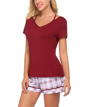 Sets Women Cotton Pajama Set Short Sleeve Sleepwear Soft Pj Lounge Sets Plaid Shorts Nightwear - Wine Red - CB196OYE39M