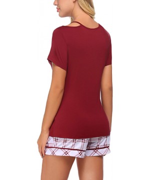 Sets Women Cotton Pajama Set Short Sleeve Sleepwear Soft Pj Lounge Sets Plaid Shorts Nightwear - Wine Red - CB196OYE39M