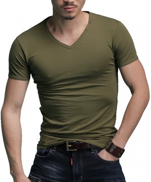 Undershirts Men's Tagless Slim Fit Top Muscle Cotton V-Neck Crewneck Short Sleeve Undershirts T-Shirts - Green - CY123EPVNIR