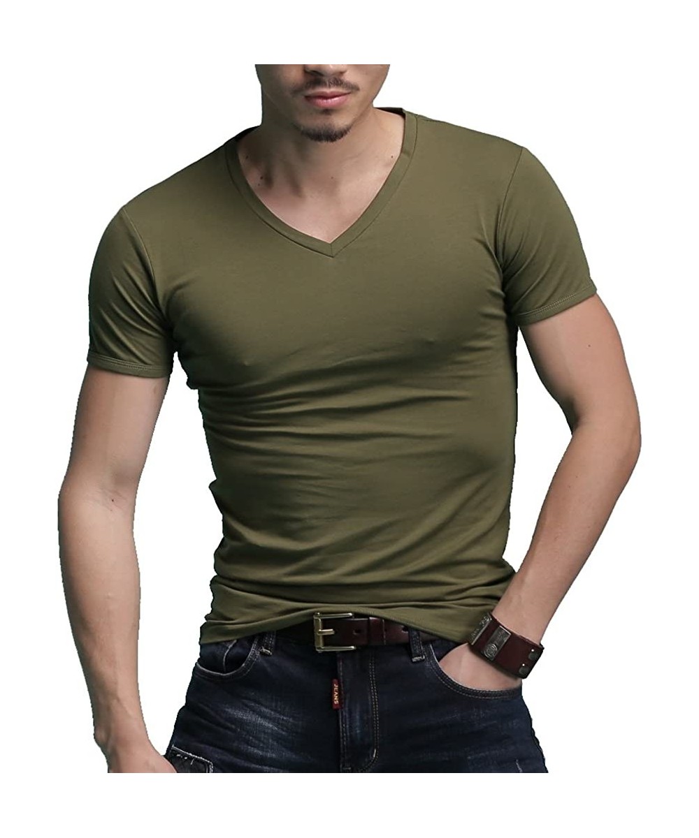 Undershirts Men's Tagless Slim Fit Top Muscle Cotton V-Neck Crewneck Short Sleeve Undershirts T-Shirts - Green - CY123EPVNIR