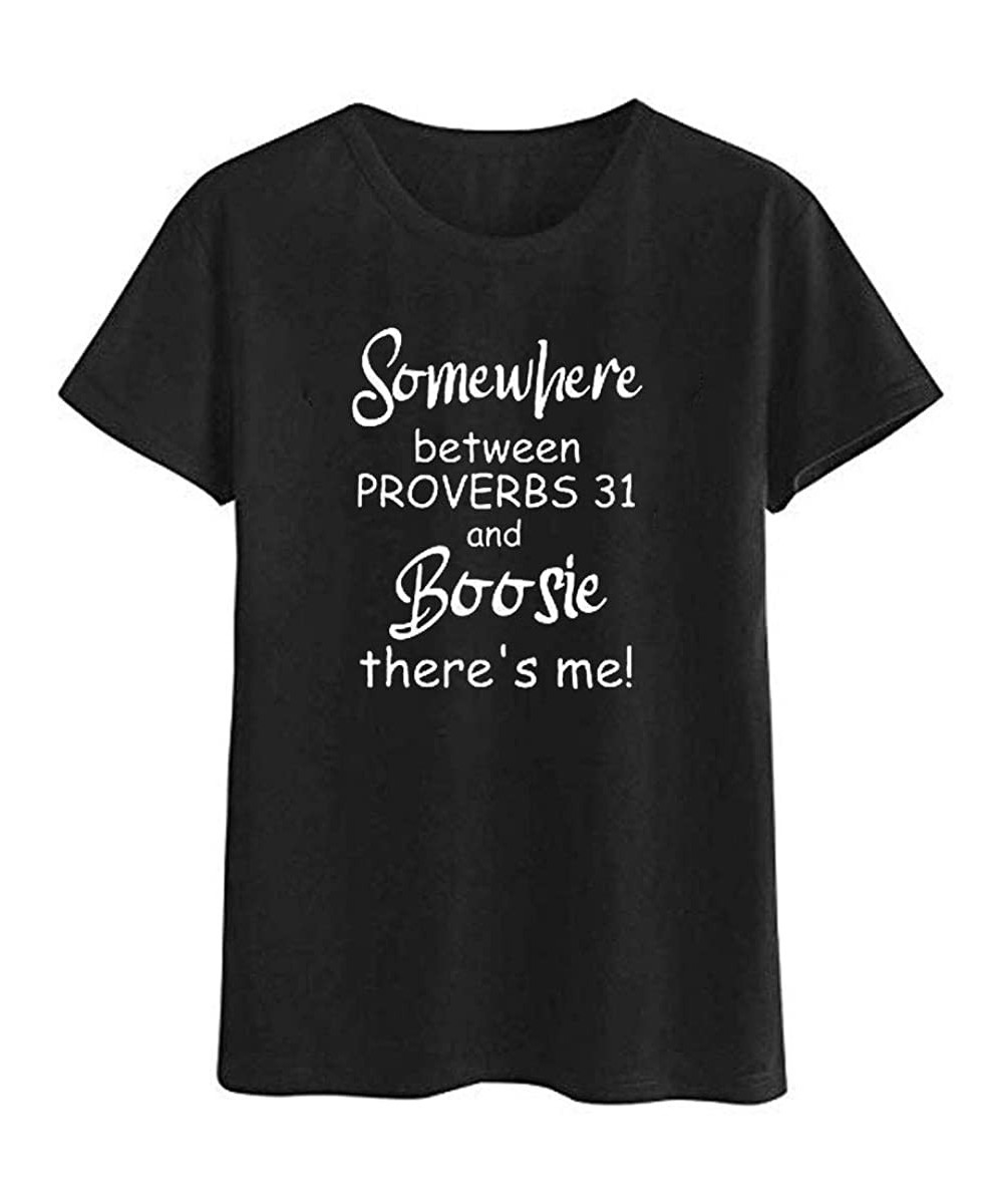 Thermal Underwear Somewhere Between Proverbs 31 Women Fun Letter T-Shirt Summer Short Sleeve Vacation Blouse - Black - CK197H...