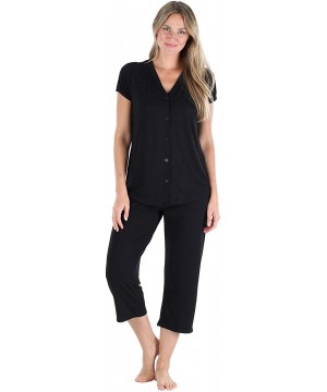 Sets Women's Sleepwear Stretchy Knit Short Sleeve Top and Capri Pant Pajama Set - Button Down - Black - CW12LNVADO3