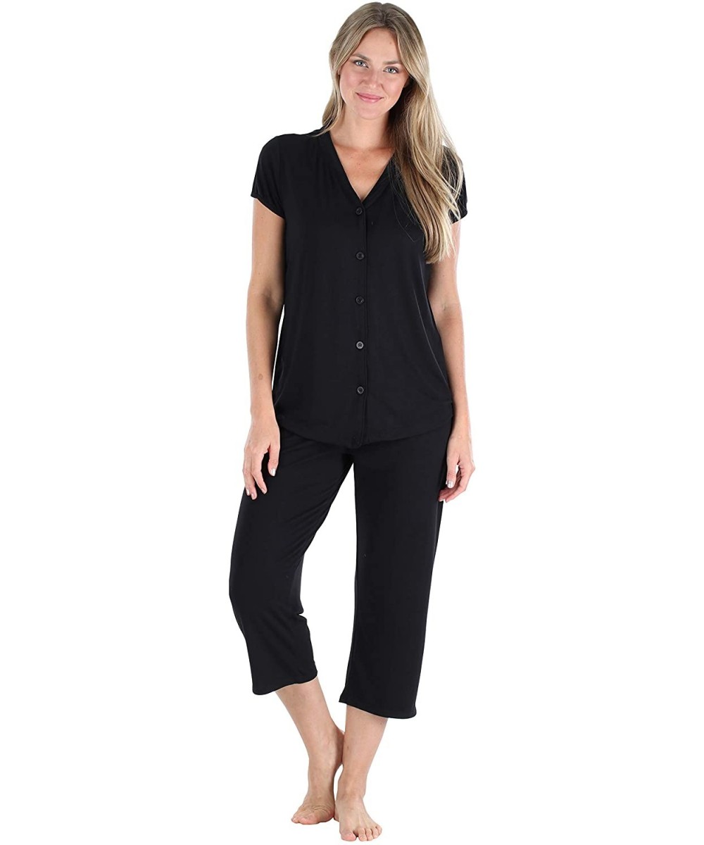 Sets Women's Sleepwear Stretchy Knit Short Sleeve Top and Capri Pant Pajama Set - Button Down - Black - CW12LNVADO3