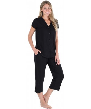 Sets Women's Sleepwear Stretchy Knit Short Sleeve Top and Capri Pant Pajama Set - Button Down - Black - CW12LNVADO3