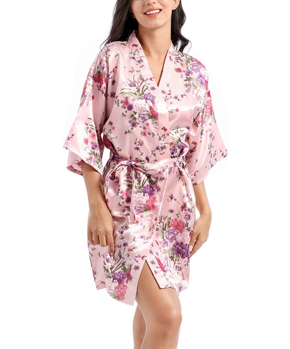 Robes Women Kimono Robe Stain Bathrobe Floral Half Sleeve Homewear with Belt - Pink - C3197XL6D00