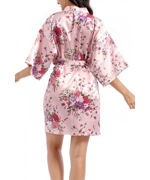 Robes Women Kimono Robe Stain Bathrobe Floral Half Sleeve Homewear with Belt - Pink - C3197XL6D00