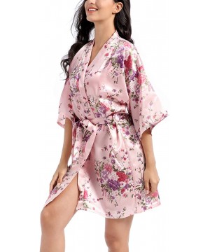 Robes Women Kimono Robe Stain Bathrobe Floral Half Sleeve Homewear with Belt - Pink - C3197XL6D00