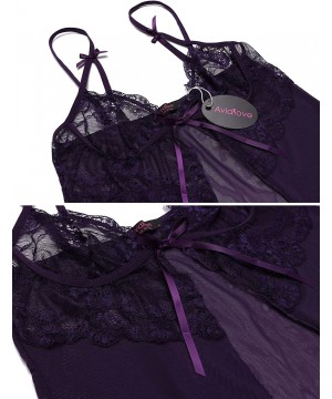 Baby Dolls & Chemises Women Lace Babydoll Lingerie Sheer Chemise Pajamas Set Open Front Sleepwear - Purple - C2183LRNEO3