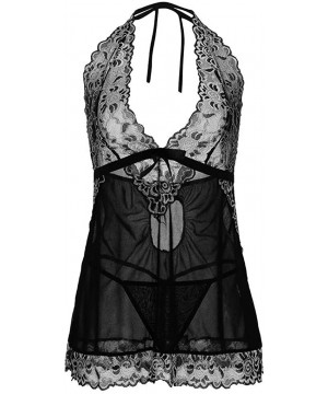 Baby Dolls & Chemises Women V-Neck Nightie Lace Babydoll Mesh Chemise Lingeries Sleepwear Floral Nightie - Black - CY18SKN23S3