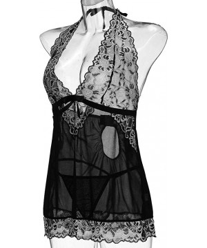 Baby Dolls & Chemises Women V-Neck Nightie Lace Babydoll Mesh Chemise Lingeries Sleepwear Floral Nightie - Black - CY18SKN23S3