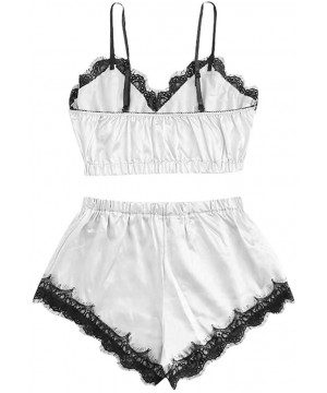 Sets Women's Satin Cami Top and Shorts Pajama Set Lace Trim Strap Sleepwear Sleeveless Nightwear - White - CZ18UDCAQ2W