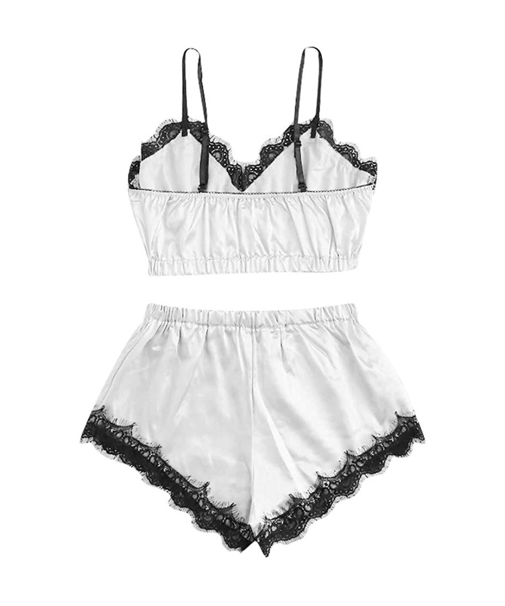 Sets Women's Satin Cami Top and Shorts Pajama Set Lace Trim Strap Sleepwear Sleeveless Nightwear - White - CZ18UDCAQ2W