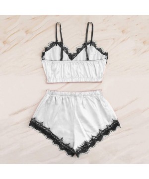 Sets Women's Satin Cami Top and Shorts Pajama Set Lace Trim Strap Sleepwear Sleeveless Nightwear - White - CZ18UDCAQ2W