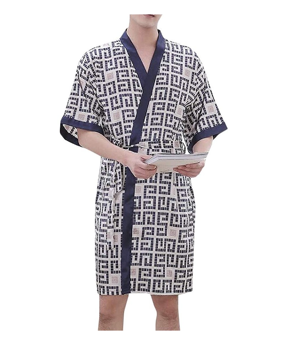 Robes Men's Printed Bathrobe Short Sleeve Kimono Comfort Satin Loungewear Robe - 19 - CB18T82HU34