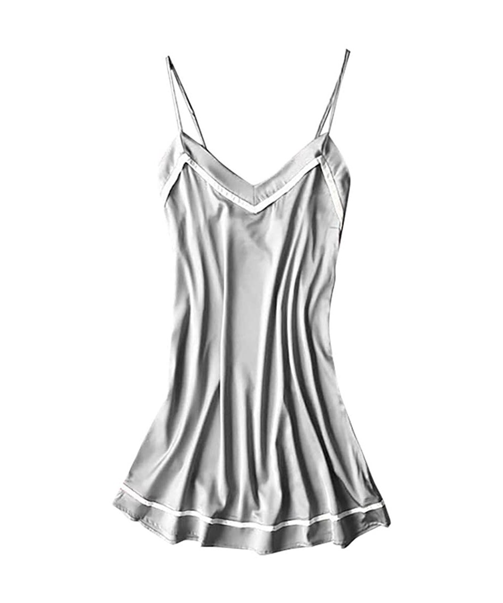 Baby Dolls & Chemises New Women Satin Teddy Lingerie Sexy Deep V One Piece Nightdress Underwear - Gray - C2196UNCHMC