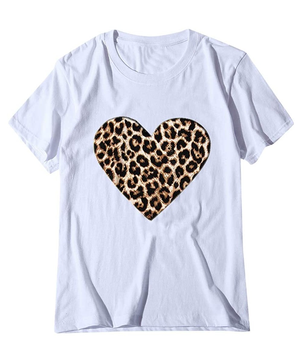 Thermal Underwear Women's Valentine's Day Casual Short Sleeve O Neck Leopard Print Heart-Shaped Top - White - C3194G36ZZ2