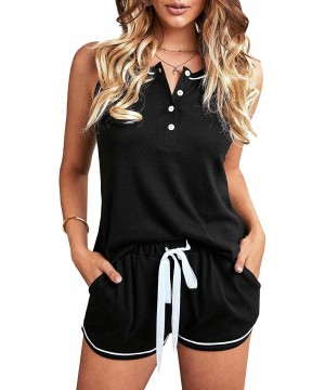 Sets Womens Pajama Sets Button Tank Top and Drawstring Shorts Sleeveless Sleepwear - Black - CV19CMOSD23