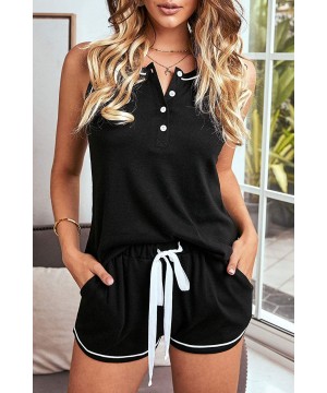 Sets Womens Pajama Sets Button Tank Top and Drawstring Shorts Sleeveless Sleepwear - Black - CV19CMOSD23